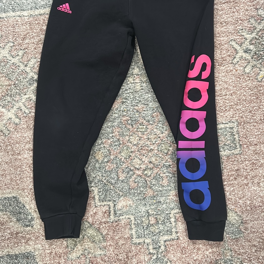 Adidas Kids Black Joggers with Pink and Blue Accents